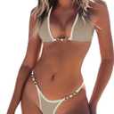 TASHEHE Women's Triangle Thong Bikini Set Sexy String Brazilian Two Piece Swimsuit Cute Bikini Bathing Suit (Cream Coffee, XL)