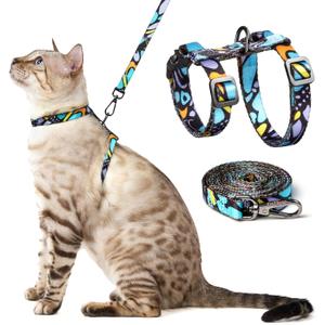 Cat Harness and Leash Set - Escape Proof Adjustable Cat Harness, Comfortable Soft Lightweight, Use Safe & Easy, Walking Travel Kitten Harness for Small Medium Large Cats (Blue Butterfly Magic)