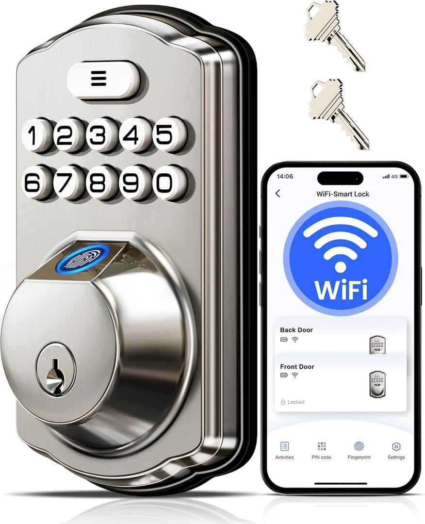 Veise VE012W Built-in WiFi Fingerprint Smart Lock, App Remote Control, Compatible with Alexa & Google Assistant, Keyless Entry for Front Door, Digital Keypad Deadbolt, Auto Lock, Satin Nickel