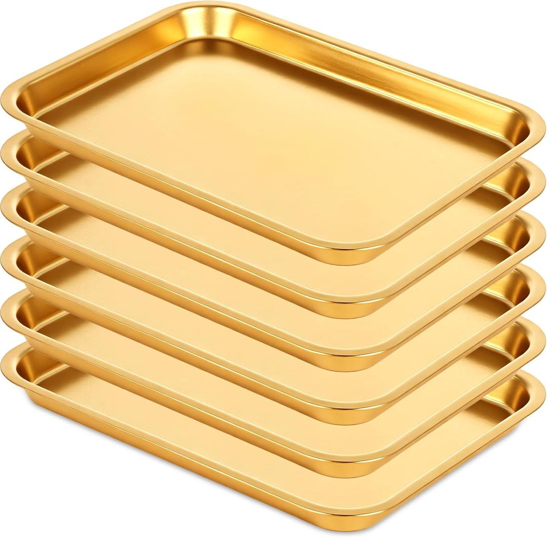 6 Pcs 7.5 x 5.5 Inch Gold Baking Sheets Stainless Steel Baking Pan Tray Cookie Sheet Rectangle Mirror Finish and Rust Free Easy Clean and Dishwasher Safe Bakeware Oven Tray for Roasting