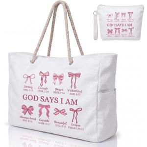 Tallew Beach Bags for Women 2 Pack, God Says I Am Christian Canvas Tote Bag