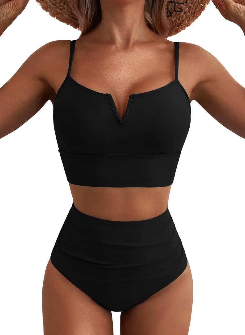 Herseas High Waisted Bikini Sets for Women - V Wire Two Piece Swimsuits Swim Suits 2026 Tummy Control Bathing Suit (Black, M)