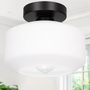 Lynnoland Industrial Semi Flush Mount Ceiling Light, Milky White Glass Shade Ceiling Light Fixture, Black Light Fixture for Hallway Bathroom Bedroom, Vintage Hanging Light Fixtures