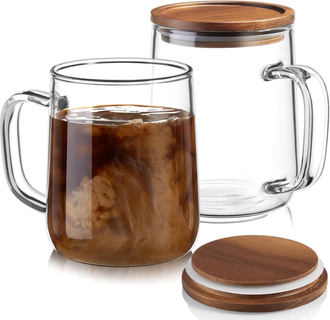 CMLKLZD Glass Coffee Mugs, 14 oz Glass Coffee Cups with Acacia Wood Lids, Clear Borosilicate Glass Mugs with Handles for Cappuccino, Tea, Latte, Hot/Cold Beverages, Wine, Americano, Set of 2