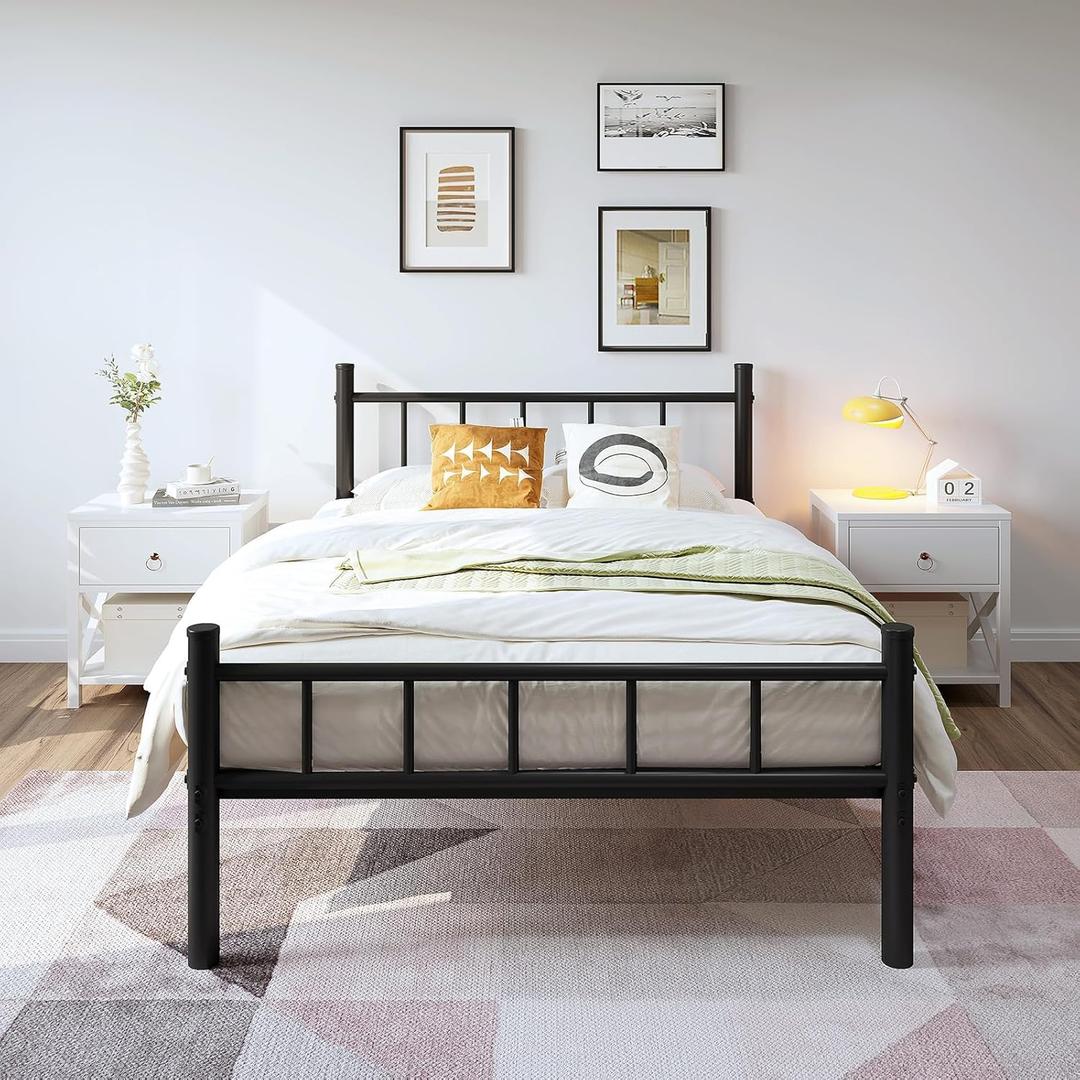 zizin Twin-XL Size Metal Bed Frame with Headboard & Footboard 14 Inch Metal Platform Mattress Foundation Support with Steel Slat, Under Bed Storage, No Box Spring Needed