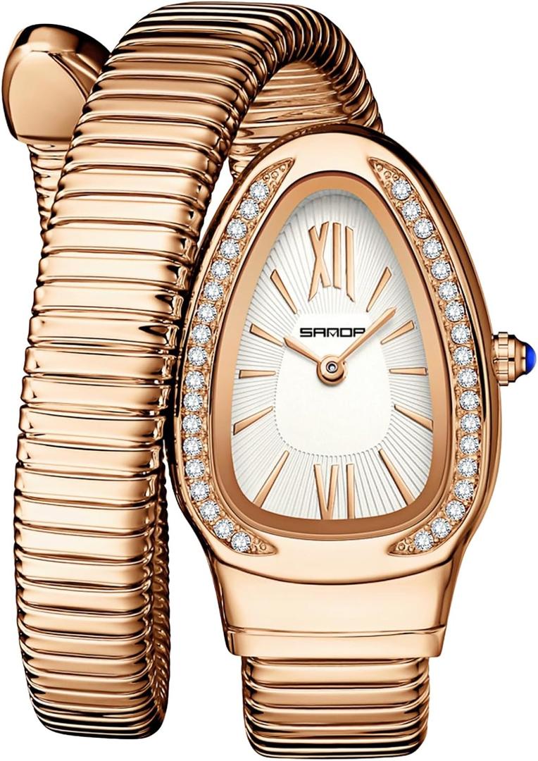 Gosasa Snake Bracelet Watch for Women, Elegant Bangle Wrist Watch with Flexible Wrap Strap Design, Fashion Jewelry Style Quartz Watch, Adjustable Cuff Watch for Dress & Gift (B-Rose White)