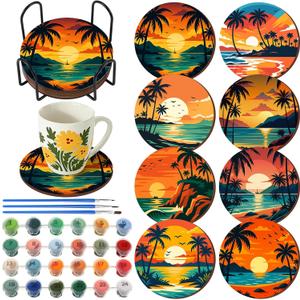 Reallnaive 8 Pcs Beach Paint by Numbers Kit for Adults Summer Coastal Coasters with Holder Palm Trees Sunset Mini Paint by Numbers Round Oil Painting Drink Coaster for Small DIY Craft Birthday Gift