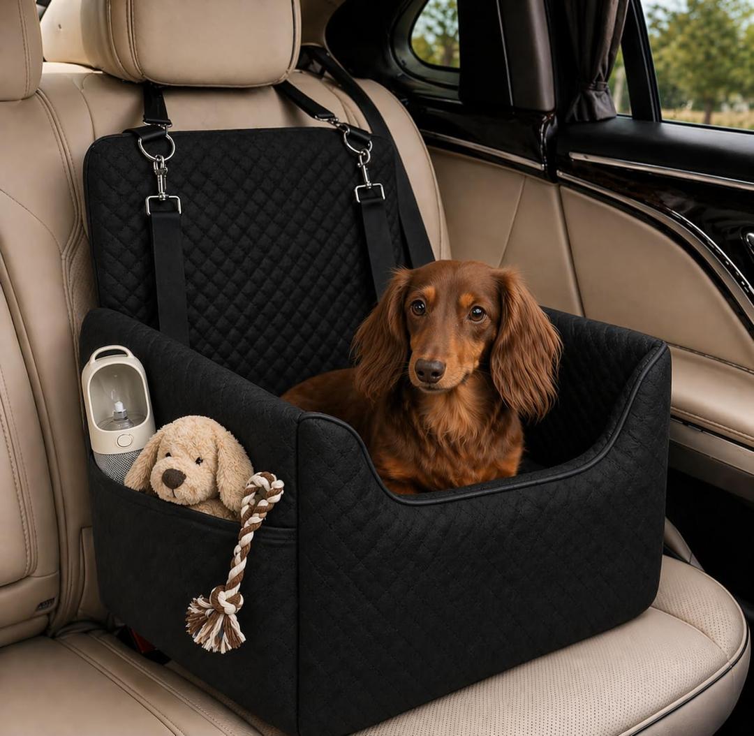 ALL GOOD PET SUPPLIES Dog Car Seat for Small/Medium Dogs Under 35lbs, Soft Booster Car Seat with Detachable Washable Cover and Cushion, Puppy Dog Car Bed, Black