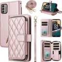 Argyle Wallet Case for Nokia G400 5G with Wrist Strap Shoulder Strap, 9+ Card Slots Zipper Purse Luxury PU Leather Stand Checkered Cell Phone Cover for G 400 400G 2022 Women Girls Rose Gold