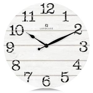 Lafocuse 12 Inch Silent White Wall Clocks for Kitchen Living Room Decor, Wooden Rustic Wall Clock Battery Operated, Decorative Farmhouse Clock