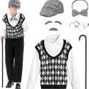 VICAMB Old Man Costume for Kids 100 Days of School Costume for Boys Old Person Costume Grandpa Outfit with Hat & Accessories (8-10Y, Black)