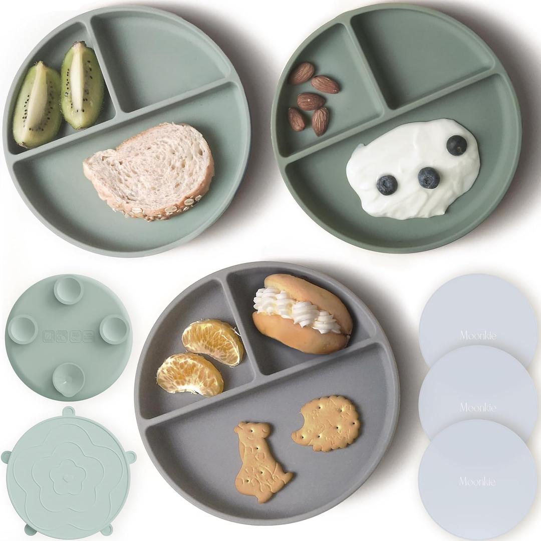 Moonkie Suction Plates for Baby | 100% Silicone BPA-Free Baby Plates with Lids and Food Cover | Divided Design | Microwave and Dishwasher Safe | Toddler Plates 3 Pack (3Pcs-Mint/Sage/Lunar Grey)