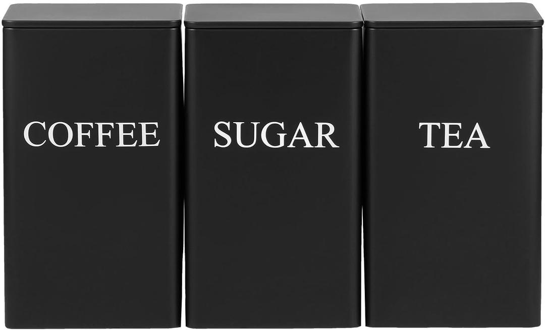 3Pcs Tea Coffee Sugar Canisters Set, Metal Coffee and Sugar Containers, Versatile Kitchen Storage Jars with Airtight Lids, Space Saving Food Canisters Set for Home Kitchen (Black)