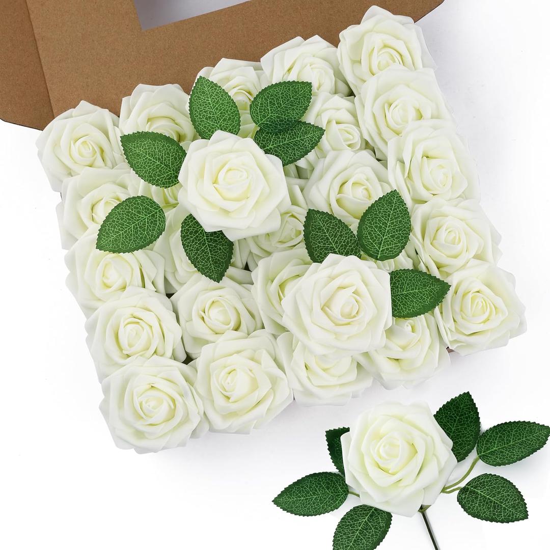 DuHouse 50Pcs Artificial Roses Flowers Fake Roses with Stems Real Touch Foam Flowers for DIY Wedding Bouquet Baby Shower Centerpiece Floral Arrangement Party Home Decor(Cream)