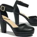 Women's High Block Heels Pumps Round Closed Toe Ankle Strap Wedding Dress Shoes (9.5, Black)