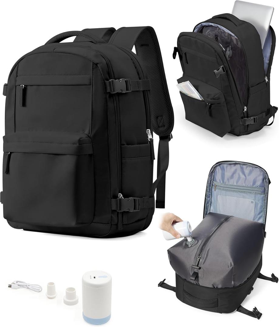 Vacuum Travel Backpack with Air Pump 18x14x8 inches Laptop Personal Item Carry on Flight Approved Compression Vacuum seal Travel Essentials Backpack Space Saver Bags Storage Men mochila de viaje Black