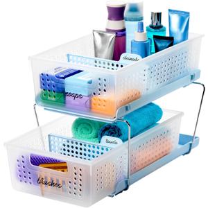 madesmart 2-Tier Plastic Multipurpose Organizer with Divided Slide-Out Storage Bins, Under Sink and Cabinet Organizer Rack, Frost (1-Pack, Blue)