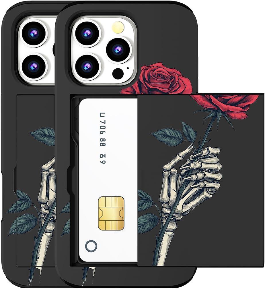 Compatible for iPhone 15 Pro Max Case with Card Holder Cute - Kawaii Design Military-Grade Drop Protection Rugged Wallet Cases for Women (Black Skeleton Skull Rose)