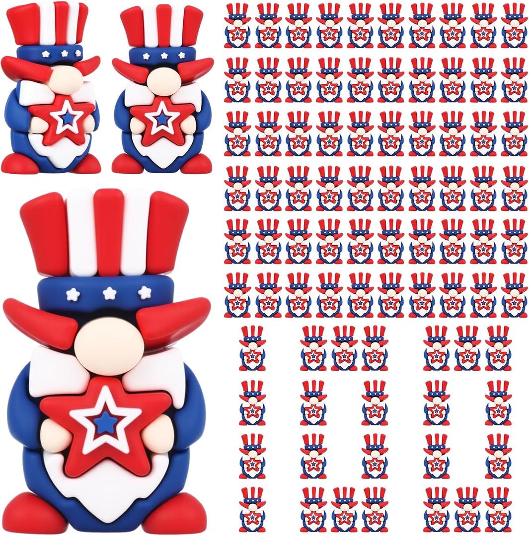 100 Pcs Mini 4th of July Patriotic Gnomes Figurines Tiny Independence Day Rubber Figurine Ornaments Little Red White Blue USA Flag Gnome to Hide for Memorial Day Craft Home Decorations