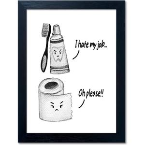 Kids Bathroom Decor Cute Children's Bathroom Wall Art Funny Canvas Print Framed Modern Black and White Picture Artwork for Guest Restroom (14"L x 11"W, J003)