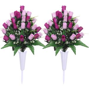 Lodou Artificial Cemetery Flowers,Outdoor Grave Decorations Roses,Arrangements Bouquet with Cemetery Vase, Silk Flowers for Long-Lasting Remembrance (Purple)