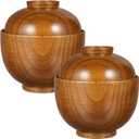 Luxshiny Set of 2 Miso Soup Bowls with Lid: Wooden Soup Bowls for Home Kitchen Restaurant - Brown
