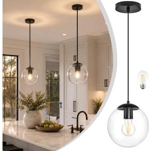 KoKo&Yukina 8 inch Globe Pendant Lighting for Kitchen Island Mid Century Modern Hanging Light Fixture with Clear Globe Glass Black Industrial Hanging Ceiling Lights for Bathroom Entryway (Bulb Incl.), 8 inch - standard