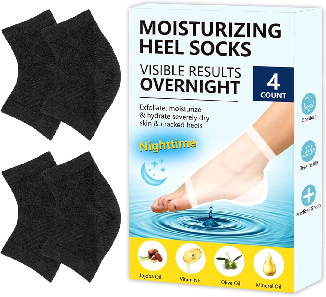 Moisturizing Gel Heel Socks for Dry Cracked Feet - 2 Pairs - Spa Socks for Cracked Heel Treatment - Heal Dry Heels - Night Care Skin - Foot Care for Women & Men (Large, Black)