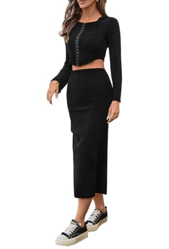 olrain Y2K Women 2 Piece Outfits Long Sleeve Boat Neck Crop Top High Waist Slit Bodycon Skirt Sets Ribbed Knit Spring Fall (Black, Small), S