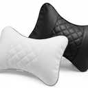 Set of 2 Quilted Faux Leather Car Headrest Pillow, Black Case/Black Threading and white, Ergonomic Neck Support for Comfortable Driving