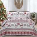 King Christmas Bedding Christmas Deer Bedding Sets Reindeer Quilt Holiday Christmas Bedspread Blanket Coverlet Comforter Set for Winter Snowflakes Lantern Pattern (96"x108") (Red White)