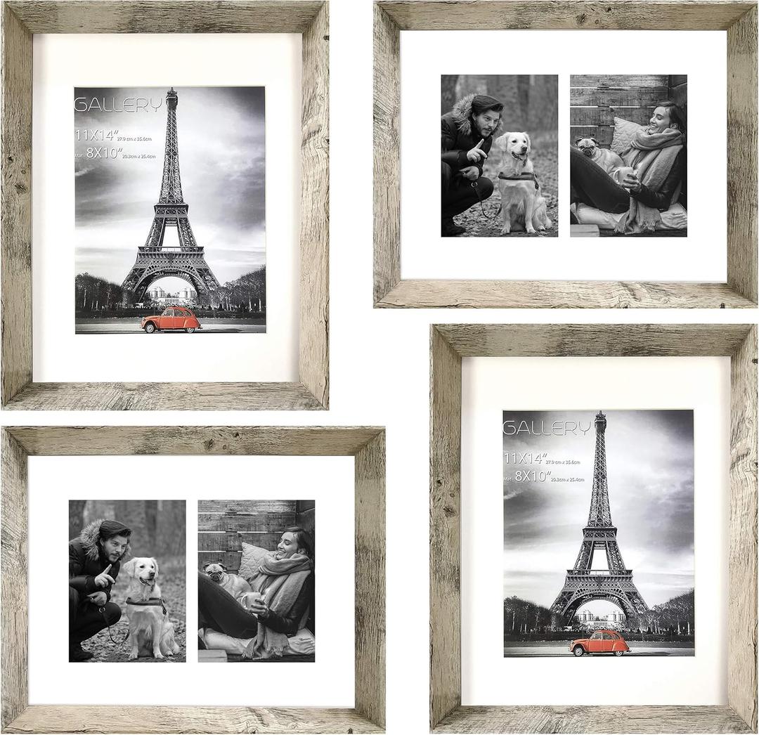 Art Emotion Farmhouse Rustic Woodgrain Style High Profile Picture Frame, 1.75" Frame Height, 2MM Reinforced Glass, Light Oak Finish 11x14 Frames for 8x10 and 5x7 Photos, Pack of 4