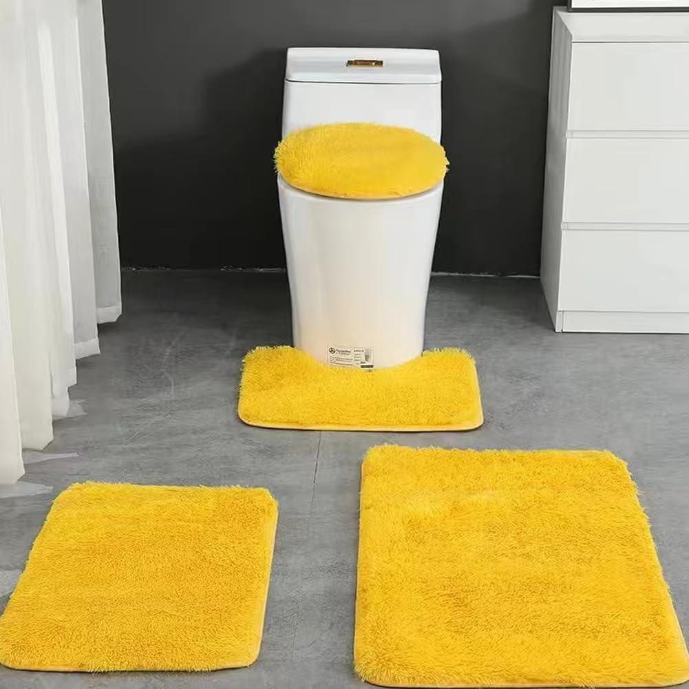 4 Piece Non Slip, Toilet Lid Cover and Contour Mat, Bath Mats Shower Mats Bath Rug Mat for Tub Toilet Bathroom (Yellow)