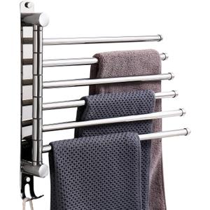 Swivel Towel Rack, 14" Thicken 304 Stainless Steel 6-Arm Adjustable Towel Bar,Wall Mounted Towel Holder with Hook, Space Saving for Kitchen, Bathroom, Outdoor (Silver, 6 Arms)
