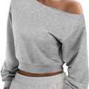 SOFIA'S CHOICE Women Off the Shoulder Sweatshirt Crop Top Long Sleeve Cropped Pullover Lightweight Loose Fit Fall Tops (Gray, XL)