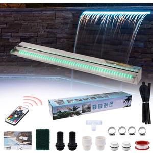 36" Water Pool Fountain 304 Stainless Steel Lighted Pool Waterfall Spillway with Wider Water Flow Platform, Multi-Color LED Strip Light with Remote Control for Indoor, Garden, Outdoor Decoration