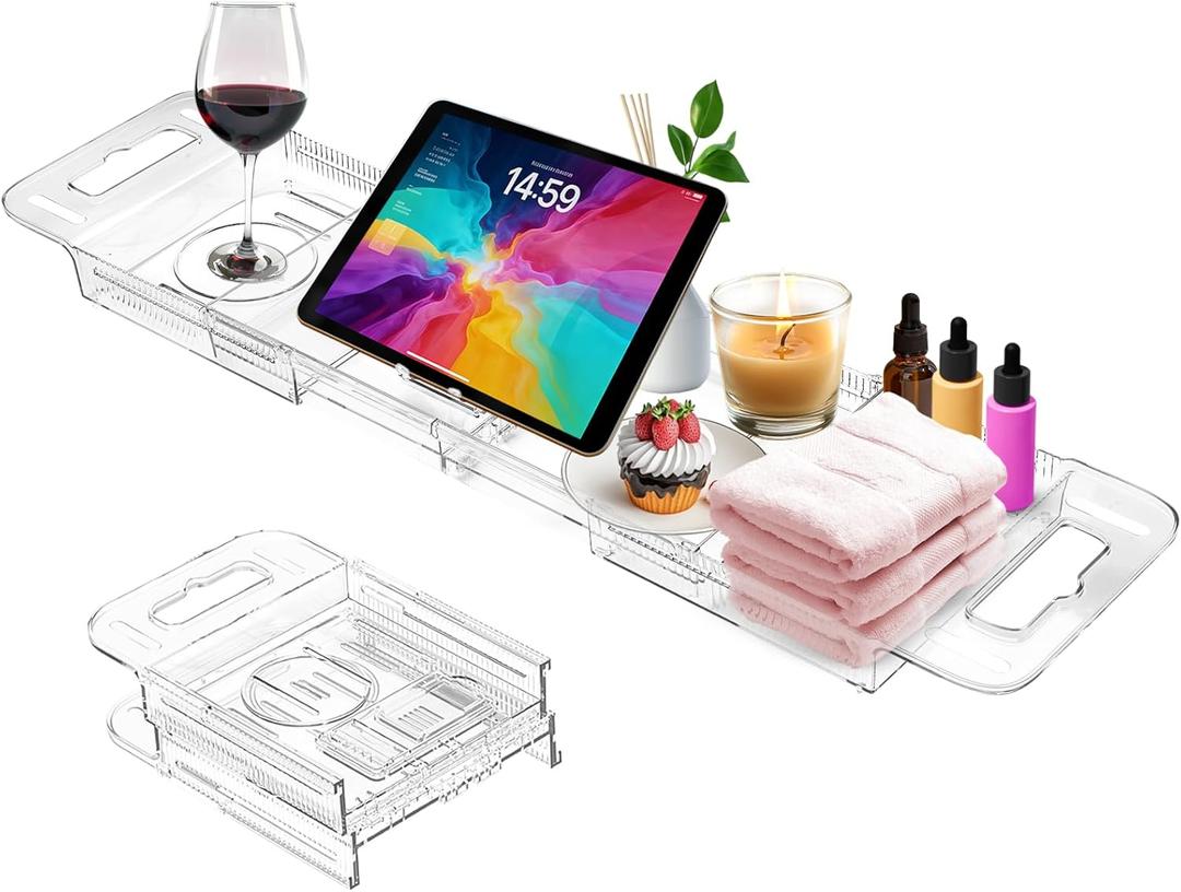 Expandable Bathtub Tray Caddy, Clear Bath Tray for Tub for Bath Relaxing, Foldable Bath Table Trays, Bathtub & Bathroom Accessories for Women Gift, Anniversary or Wedding Gifts, New Home