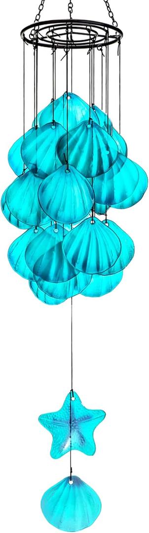 Stained Glass Wind Chimes for Outside,Handmade Large 25 inch Memorial Windchimes Outdoor,Sea Glass Decor for Patio Garden Balcony Porch (Shell & Starfish) (31in-Blue Shells)