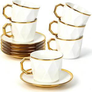 Coffee Cup Set of 6 with Saucers, 3.5 OZ Ceramic Espresso Cups, Turkish Coffee Cup Set for Cappuccino, Latte, Cafe Mocha and Tea, Dishwasher & Microwave Safe (Argyle)