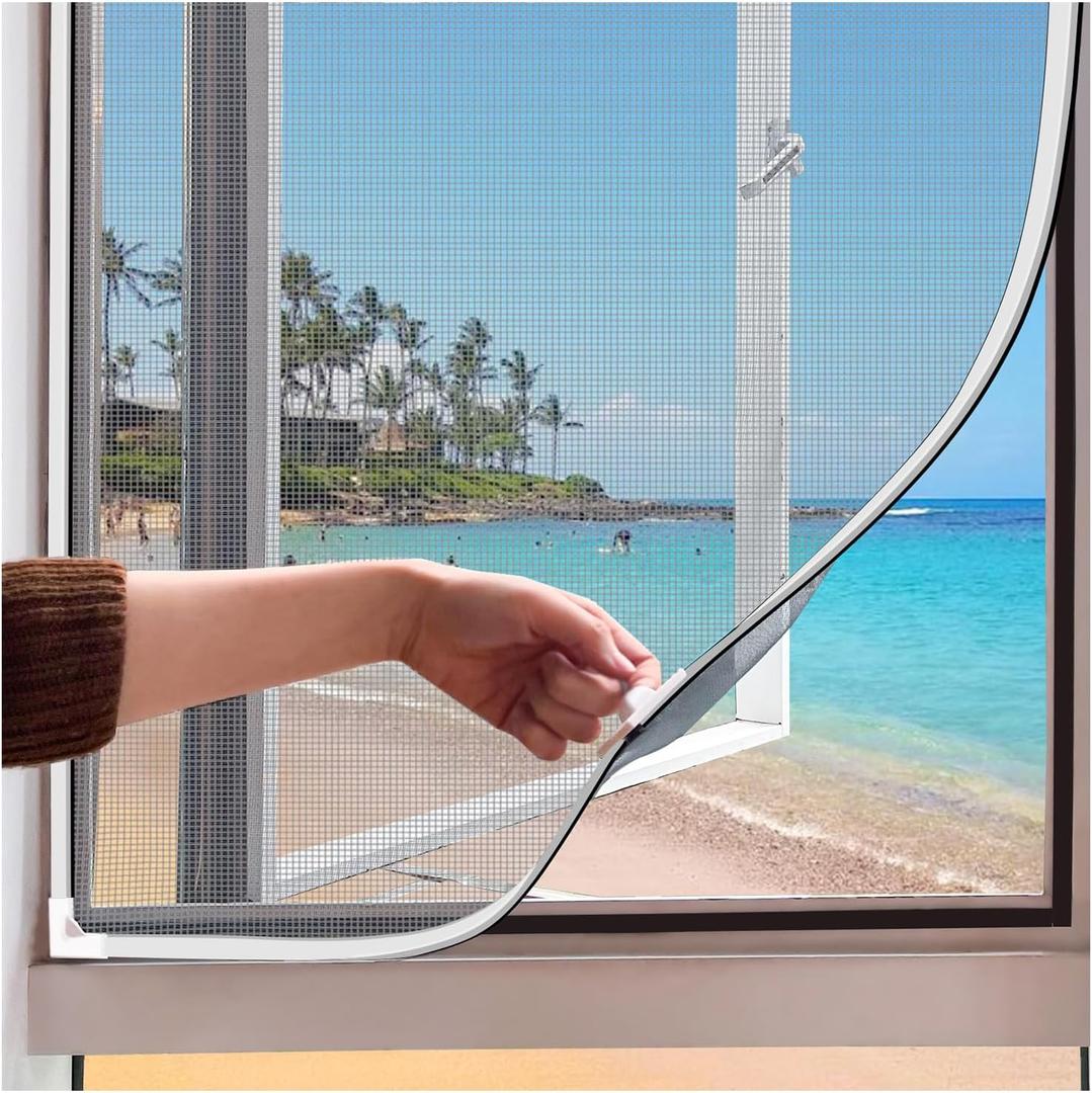 Window Screen Adjustable 40x59in Magnetic Window Screen Replacement, White Frame Gray Fiberglass Mesh, DIY No Drilling Easy Cut-to-Fit for Sliding/Swing/Top-Hung, Fits Wood/Iron/PVC Frames