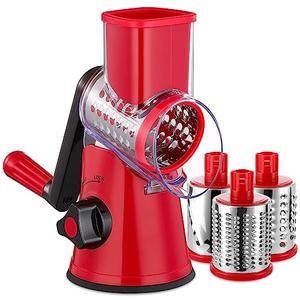 LucGee Rotary Cheese Grater with Handle - 3 in 1 Cheese Shredder Rotary Grater Stainless Steel Handheld, Vegetable Slicer for Fruit, Cheese, Nuts(Red)