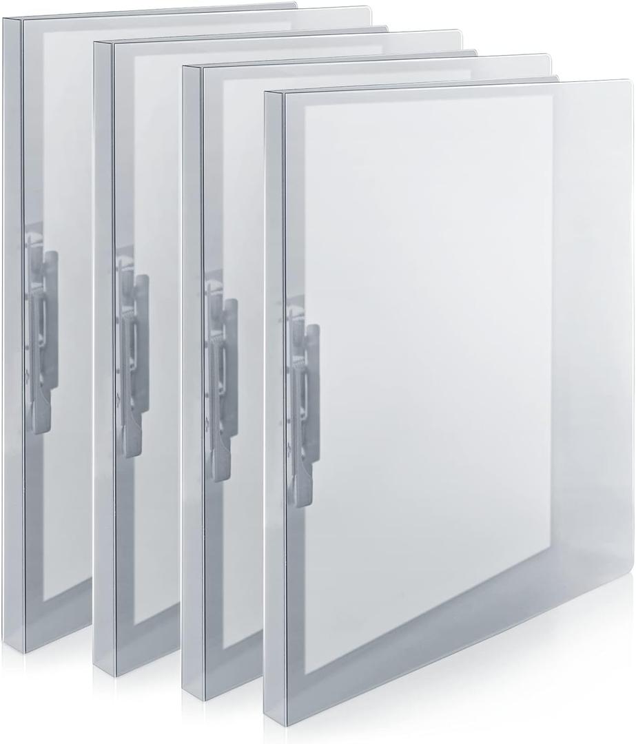 CRANBURY Punchless Clamp Binder (4-Pack, Gray), Ringless Binder Holds 100 Letter Size Pages, Documents, 8.5x11 Folder with Metal Clip for Home or Office, Transparent Acid-Free Poly