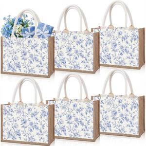 6 Pcs Floral Burlap Tote Gift Bags with Handle Reusable Bridesmaid Jute Waterproof Grocery Bags for Wedding Party(Something Blue)