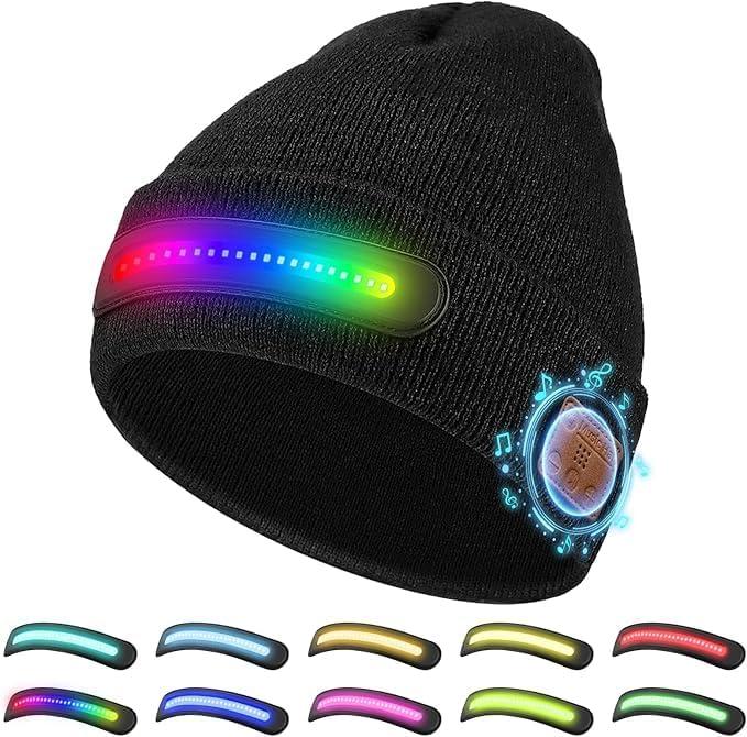 LED Beanie with Light, Unisex Warm Knitted Black Winter Hat, USB Rechargeable Headlamp Cap for Outdoors, Flashlight Beanie Hat for Men Women (Black)