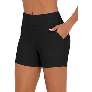 Bonneuitbebe Women's Swim Shorts High Waisted Bathing Suit Bottoms Swimwear Boyshort Swimming Swimsuit Board Shorts, Medium, Black 