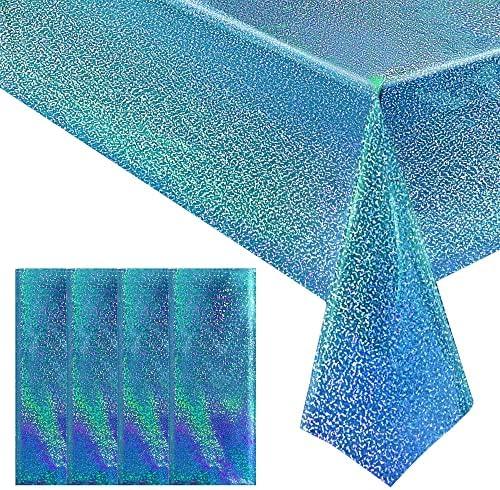 4pcs Blue Holographic Laser Tablecloths 40" x 108" Plastic Table Cloths for Parties Shimmer Shiny Party Decoration for Winter Ocean Princess Birthday Party Wedding Baby Shower Christmas Decor, Aqua