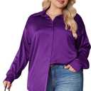 IN'VOLAND Womens Plus Size Satin Blouse Button Down Shirts Casual V Neck Long Sleeve Office Work Tops 24W Bright Purple