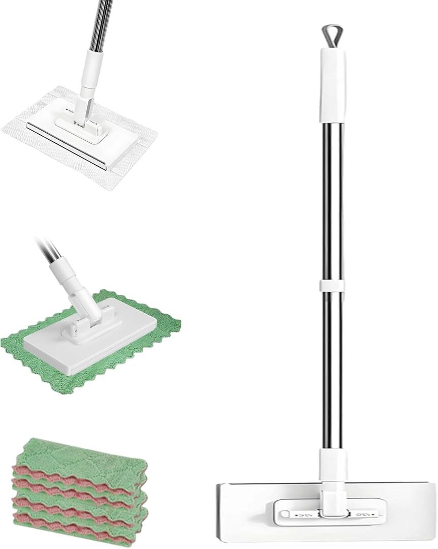 Disposable Dust Mop, Disposable Dusting Mop, Mop with Disposable Cloth, Disposable Dust Mop with 4 Reusable Pads, Flat Mop with Disposable Pads, Dust Mop with Handle