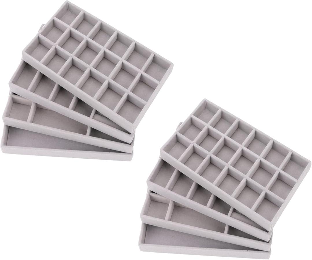 Velvet Drawer Jewelry Organizer Tray, Small Flat Jewelry Organizer for Drawer, Dresser Stacking Display Inserts for Jewelry Accessories in Dresser, Grey, Set of 8