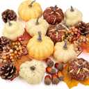 VEKDA 24Pcs Fake Pumpkin Decor Thanksgiving Table Decorations with mini Pumpkins, Acorns, Pine Cones, Berries, Maple Leaves Fall Decorations for Home Orange (Style-1)